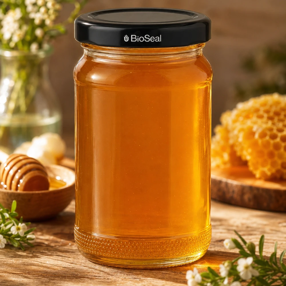 110ml rond glas met BioSeal deksel zwart UNiTWIST UNiTWIST Runda110 honingpot gevuld met honing en zwart TO48 BioSeal deksel op houten tafel met honingraten