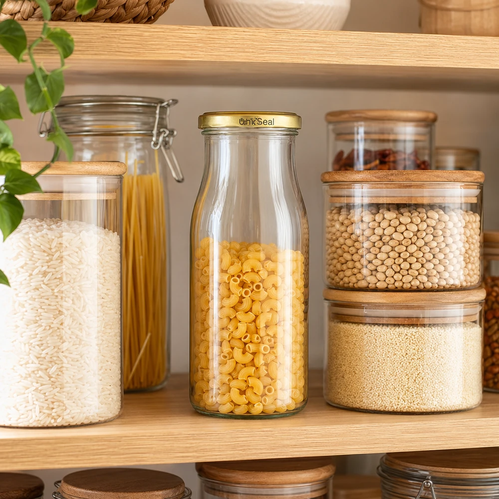150ml fles met BioSeal deksel goud UNiTWIST UNiTWIST glazen fles 150ml gouden BioSeal deksel gevuld met pasta tussen voorraadpotten voorraad organisatie
