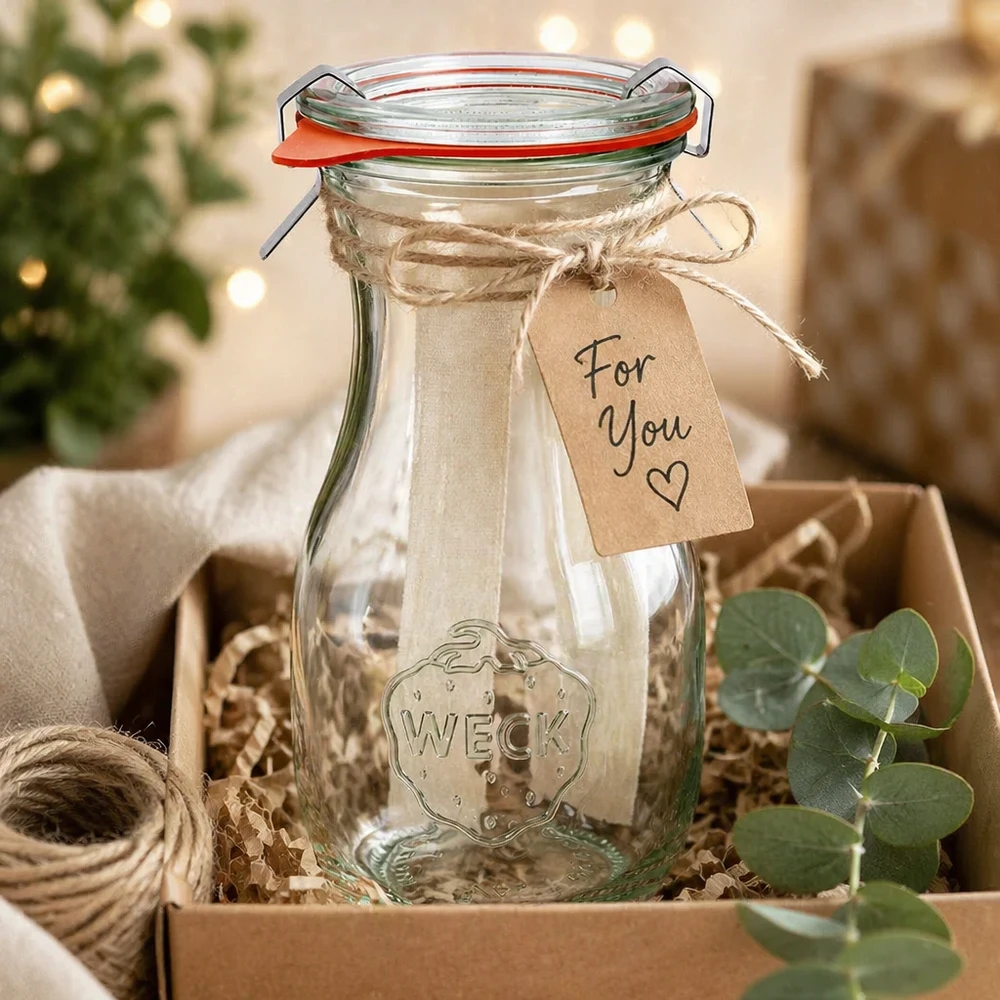 290 ml sapfles, compleet WECK RR60 WECK sapfles 290ml RR60 als geschenk versierd met strik en label in een rustieke geschenkdoos