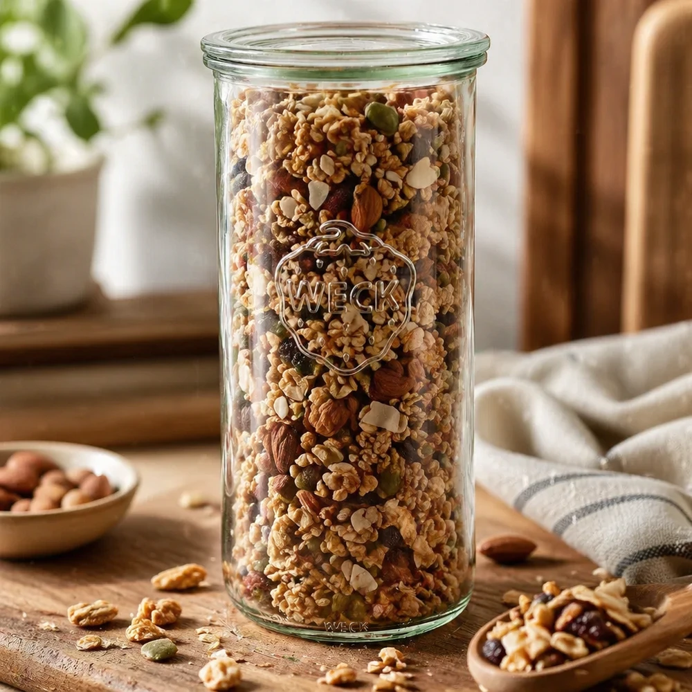 1500ml stortglas met glazen deksel WECK RR100 WECK RR100 1500ml voorraadpot gevuld met noten, muesli en gedroogd fruit op een houten tafel Keuken voorraadpot