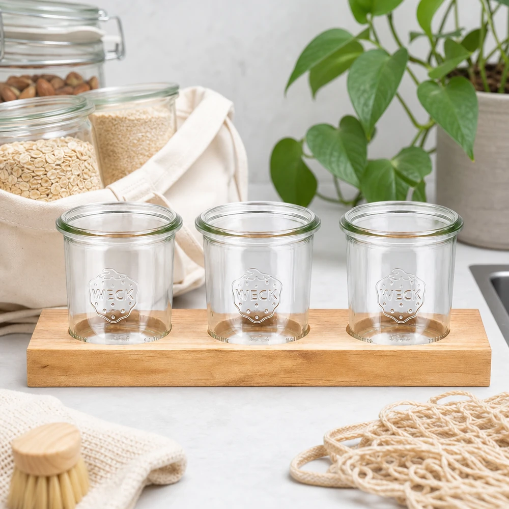 Serveerplank Plano3 met 3 Weck-glazen van 140 ml Lege WECK 140 ml bekers op Plano3 houten serveerplank in duurzame zero-waste keuken met natuurlijke vezels