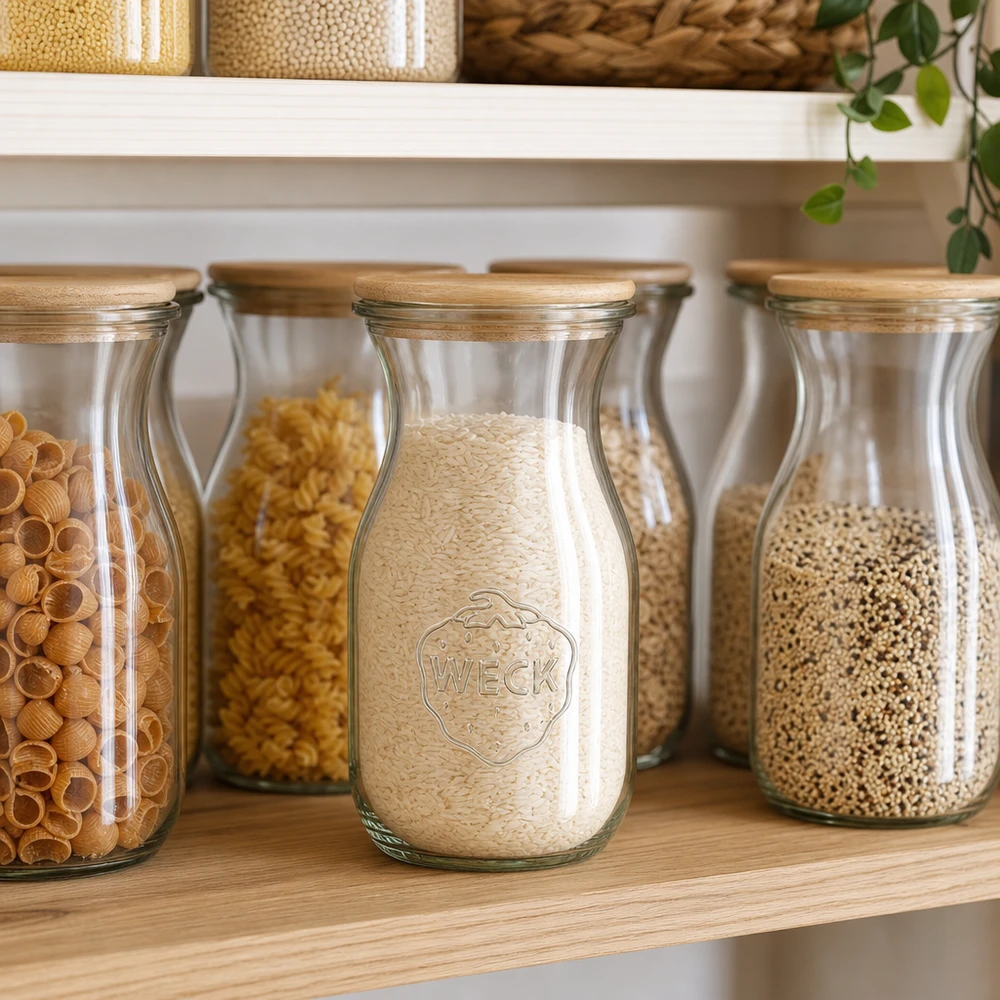 290ml sapflessen WECK RR60 met hout deksel WECK Saftflasche 290ml mit Holzdeckel als Vorratsjar für Reis in skandinavischer Pantry mit Getreidegläsern