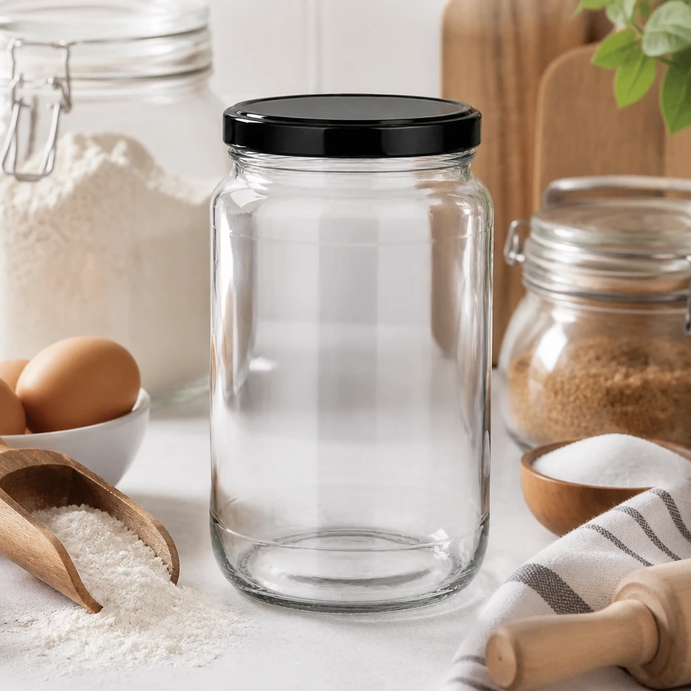1700ml rond glas met BasicSeal deksel zwart UNiTWIST 1700ml ronde pot leeg in moderne keuken toont elegant ontwerp voor veelzijdige opslag en decoratie