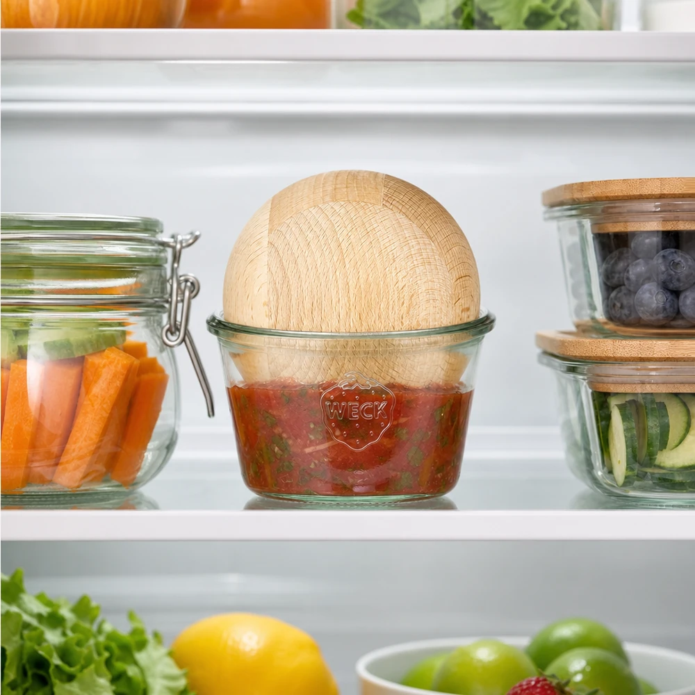 370ml stortglas WECK RR100 met houten bal WECK RR100 Koelkast voorraadpot 370ml Salsa Dip Beukenbol naast groenten verse ingrediënten