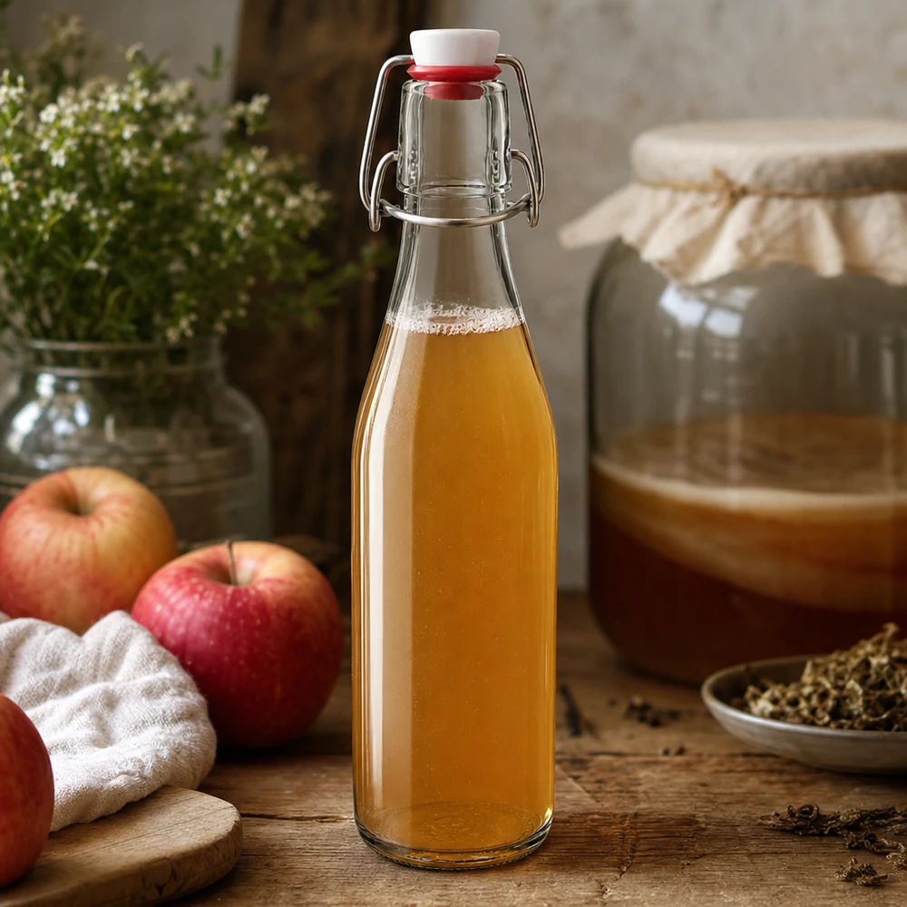 250ml glazen fles met draaidop gevuld met appelciderazijn, rustiek keukentafereel met rode appels en kruiden