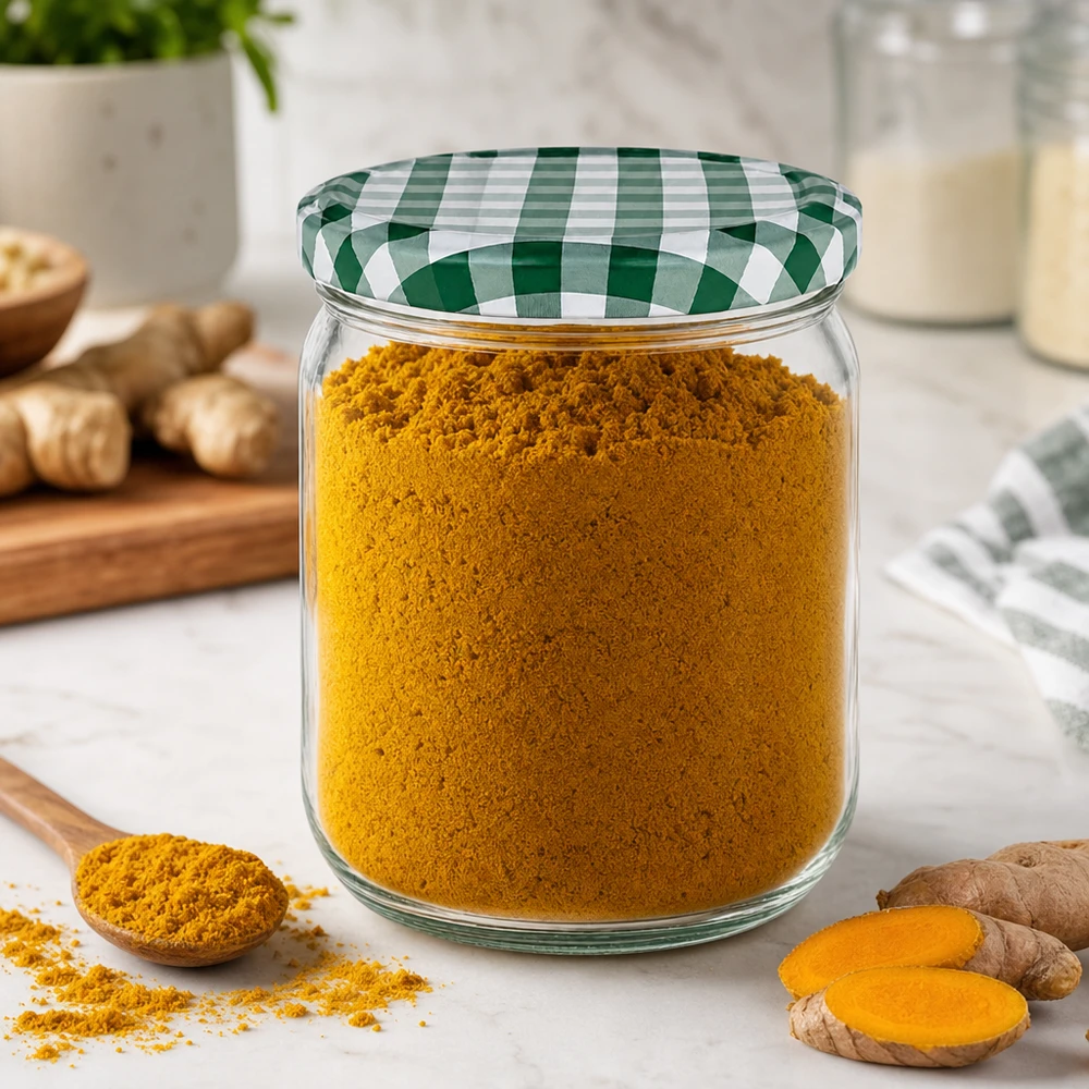 425ml rond glas met BasicSeal deksel groen/wit UNiTWIST 425 ml ronde pot met groen geruit deksel gevuld met kurkumapoeder naast verse kurkumawortel in de keuken