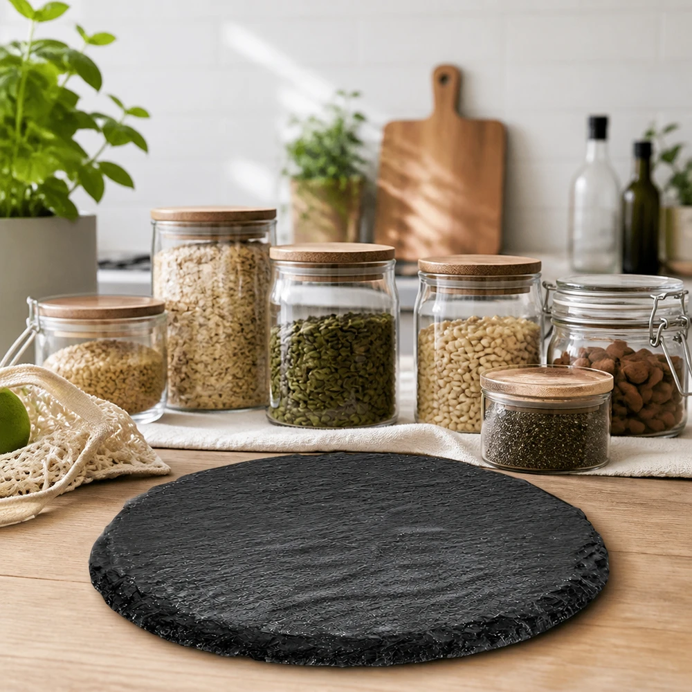 Ronde leisteenplaat 150mm op houten tafel in duurzame zero-waste keuken met voorraadpotjes en kruiden
