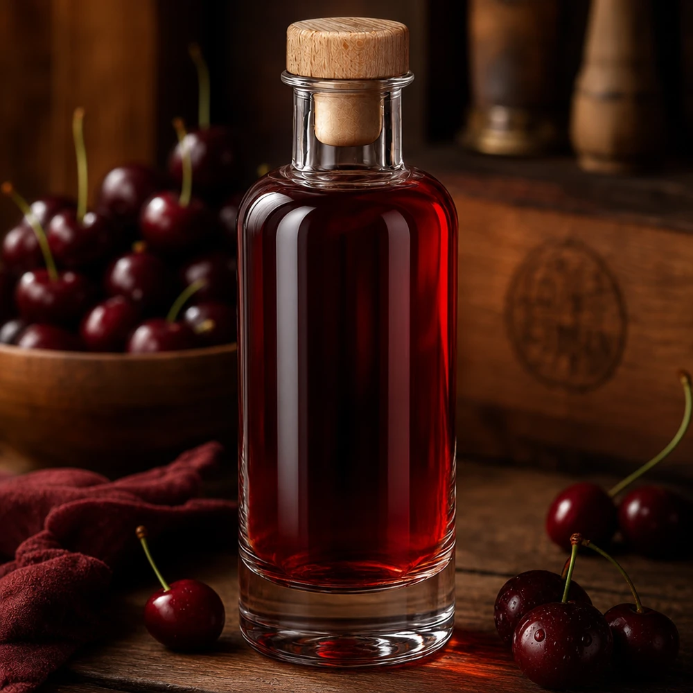 200 ml glazen fles Ella met houten handgreepkurk UNiTWIST® Glasflasche Ella 200ml mit Holzkorken gefüllt mit rotem Kirschlikör zwischen frischen Kirschen auf warmem Holztisch