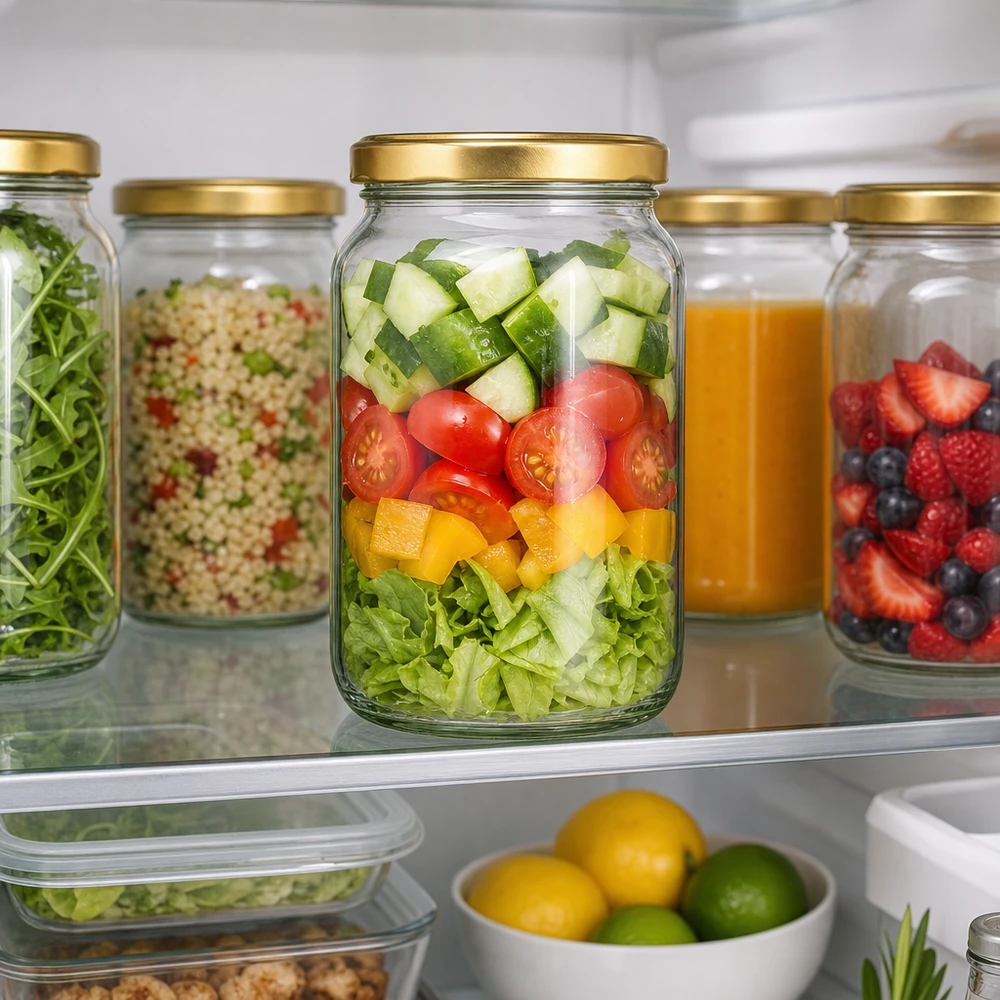 1700ml rond glas met BasicSeal deksel goud UNiTWIST 1700ml ronde pot met gouden BasicSeal deksel in de koelkast toont Meal Prep met salade en gezond bewaren