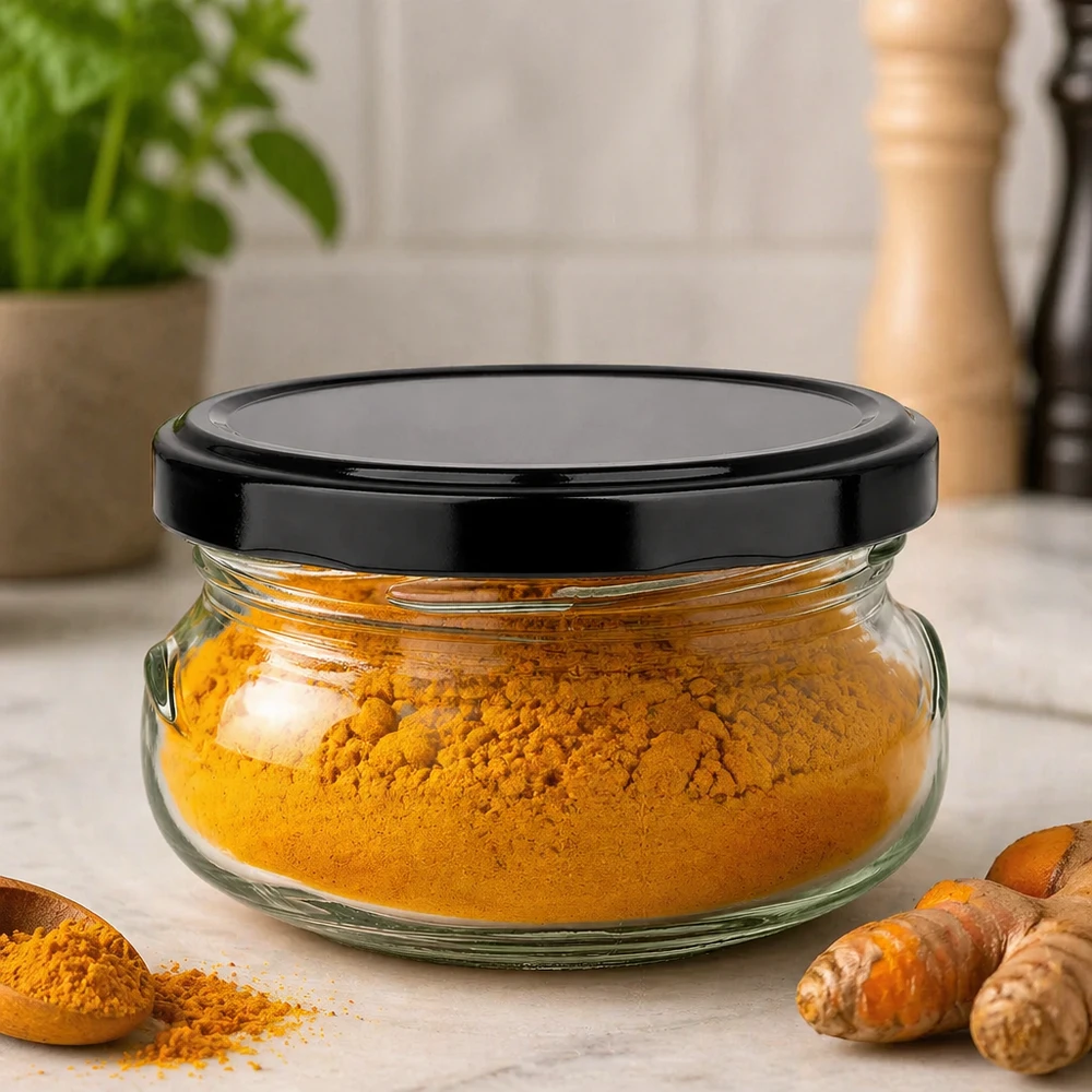 120ml terrine met BasicSeal deksel zwart UNiTWIST 120 ml terrine gevuld met geel kurkumapoeder, zwart deksel, keukensfeer met verse kurkumawortels