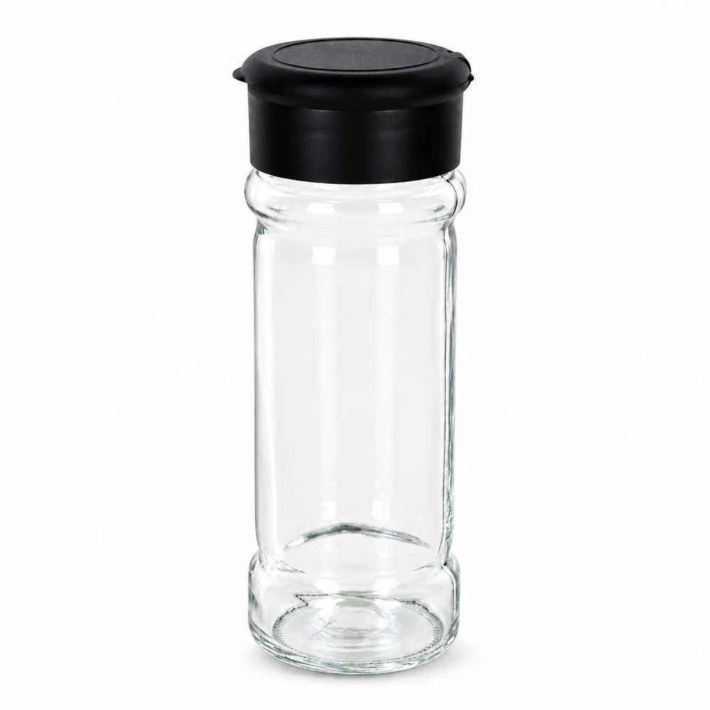 Navulbare glazen kruidenpot van 100 ml met zwart zeefje voor gelijkmatig strooien