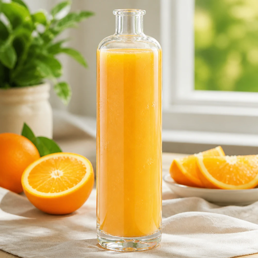 700 ml glazen fles Ella zonder sluiting UNiTWIST® 700 ml glazen fles Ella gevuld met vers sinaasappelsap naast sinaasappelschijfjes op een lichtgekleurde keukentafel met plantendecoratie