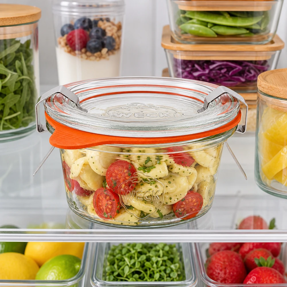 50ml stortglas compleet WECK RR60 WECK 50ml bekers RR60 in de koelkast gevuld met pastasalade tussen andere voedselcontainers voor opslag