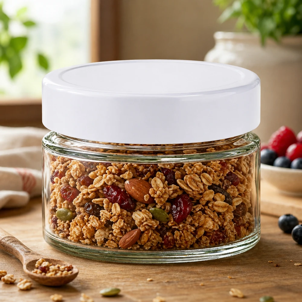 130ml rond glas met BasicSeal deksel wit UNiTWIST 130 ml ronde pot UNiTWIST met BasicSeal deksel gevuld met mueslimix - noten gedroogd fruit bewaren