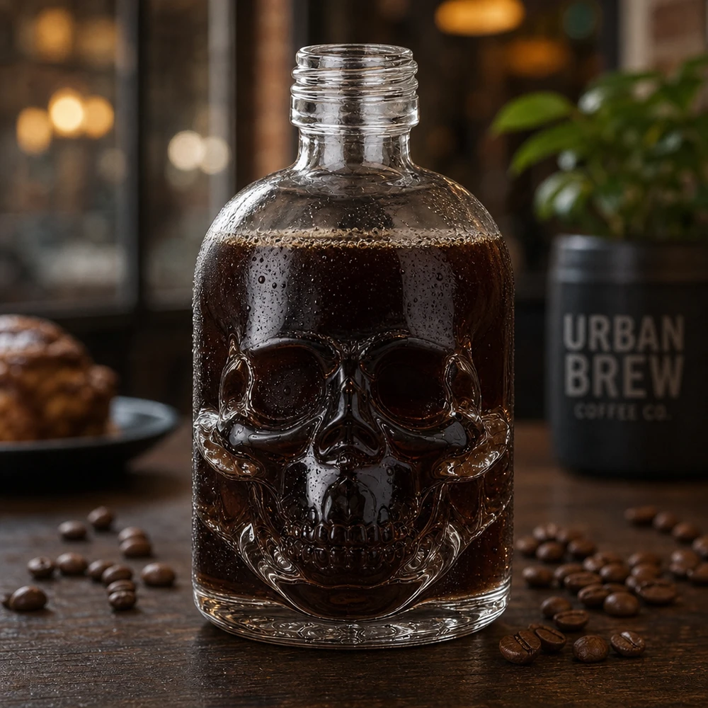 50 ml glazen fles Hector zonder schroefsluiting UNiTWIST® Schedel glazen fles Hector 50ml gevuld met cold brew koffie tussen koffiebonen UNiTWIST glaswerk