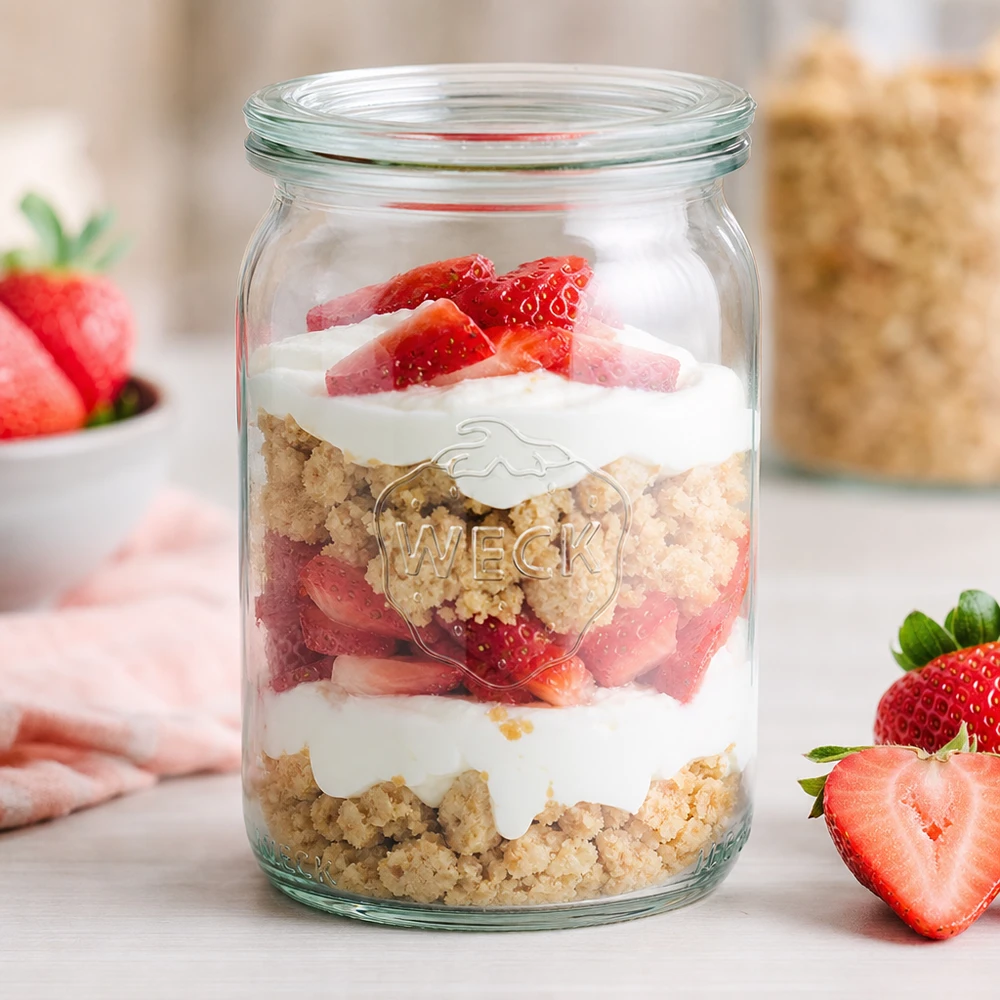 WECK 145ml cilindervormige pot RR40 als dessertpot met aardbeien en slagroom gelaagd dessert op een wit keukenblad
