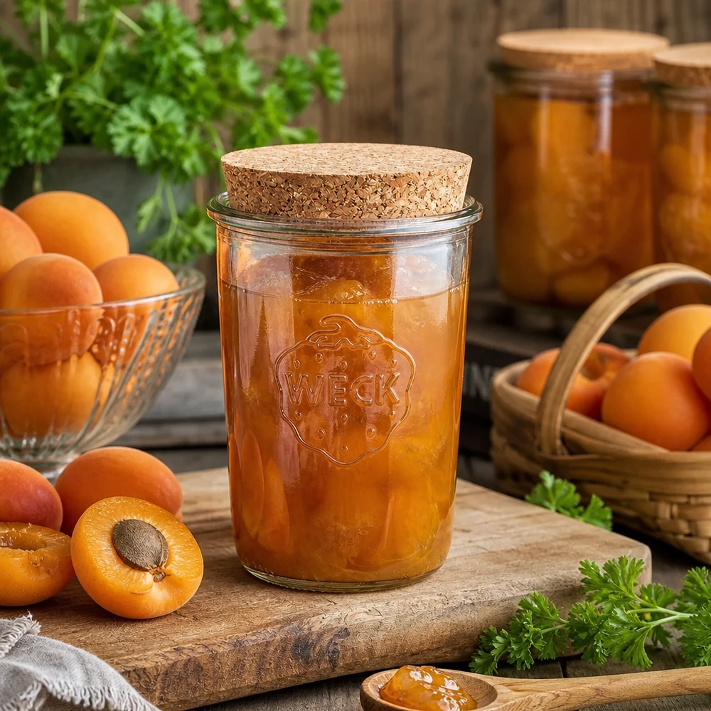 WECK RR100 850ml pot met kurk gevuld met abrikozenjam naast verse abrikozen op een houten tafel
