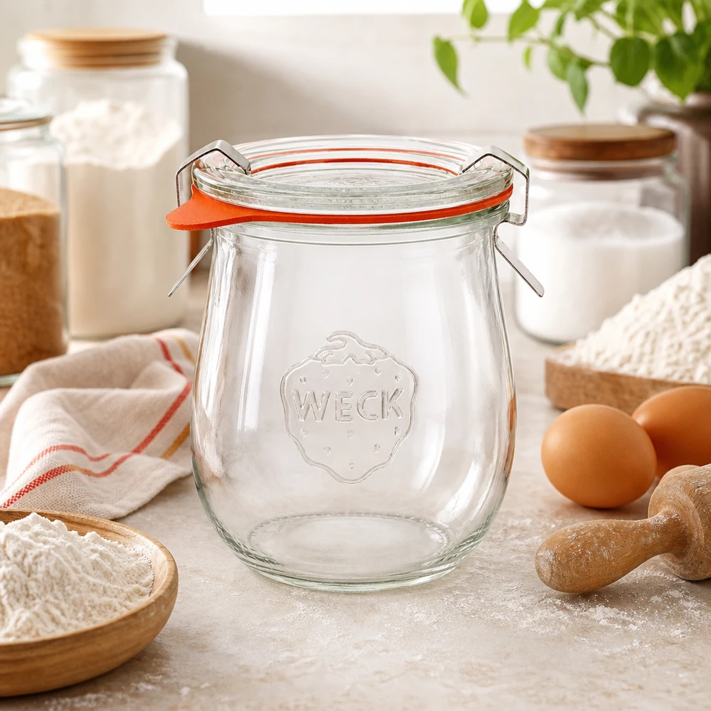 220ml tulpenglas compleet WECK RR60 WECK tulpenpot 220ml RR60 in bakkerij met meel eieren en keukengerei inmaakpot voor bakingrediënten