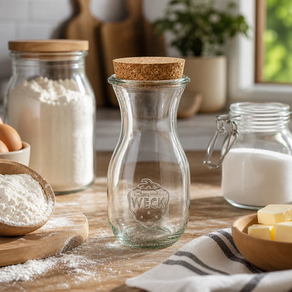 290ml sapflessen WECK RR60 met kurk WECK sapfles 290ml RR60 leeg in keuken omringd door bakingrediënten bloem melk boter op houten plank landhuisstijl