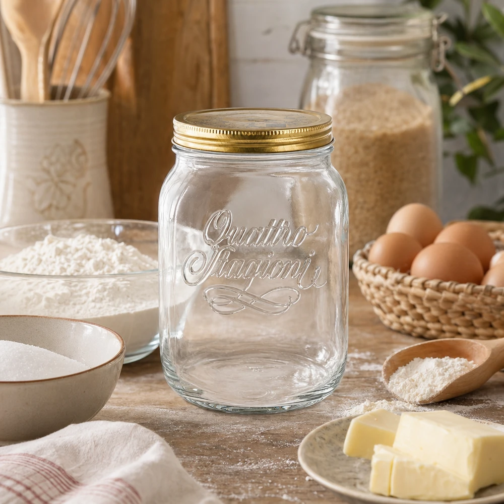 2000 ml rond glas "Quattro Stagioni" met deksel Quattro Stagioni inmaakpot 2000ml in rustieke keuken met bakingrediënten - Italiaanse voorraadpot voor bloem