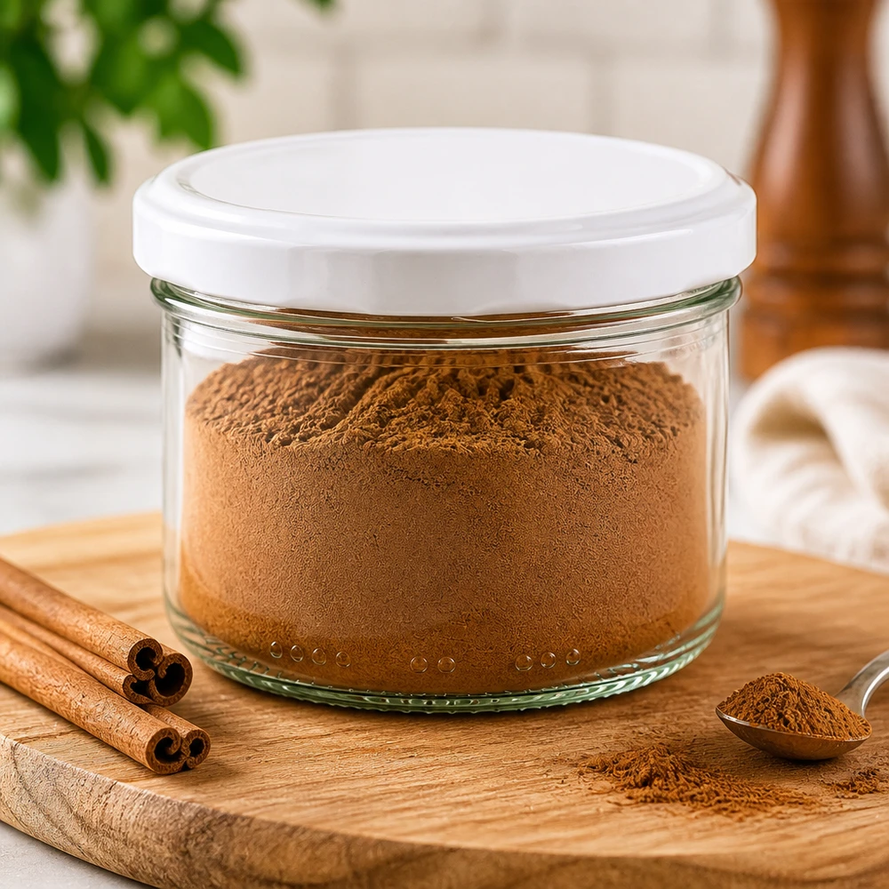 230ml cilindrische pot met BioSeal deksel wit UNiTWIST 230 ml cilindrische pot met wit BioSeal deksel gevuld met kaneelpoeder op houten plank met kaneelstokjes