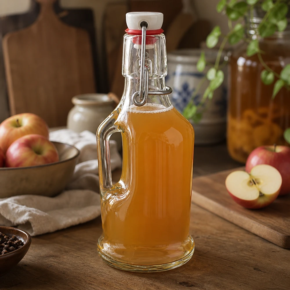 200 ml glazen fles Bertha en PVC-sluiting UNiTWIST® Bertha 200ml glazen fles gevuld met appelsap, UNiTWIST draaidop, rustiek keukentafereel met verse appels