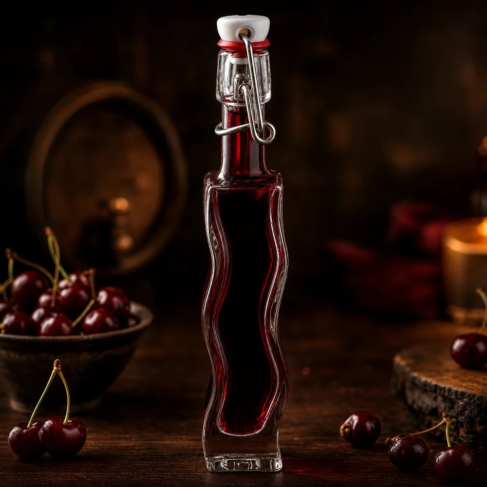40 ml glazen fles Fila met PVC-sluiting UNiTWIST® 40 ml glazen Anna-fles met donkerrode kersenvloeistof in een rustieke wijnkeldersfeer met verse kersen