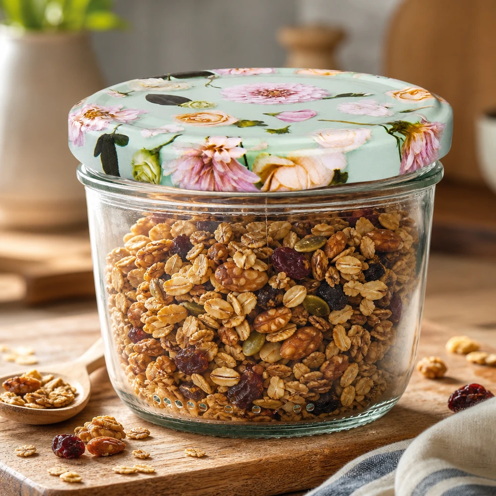 Glazen van 230 ml + BasicSeal-deksel met muntbloem UNiTWIST 230ml Sturzglas mit BasicSeal Deckel Blume mint gefüllt mit Nüssen und Trockenfrüchten auf Holztisch in Küche