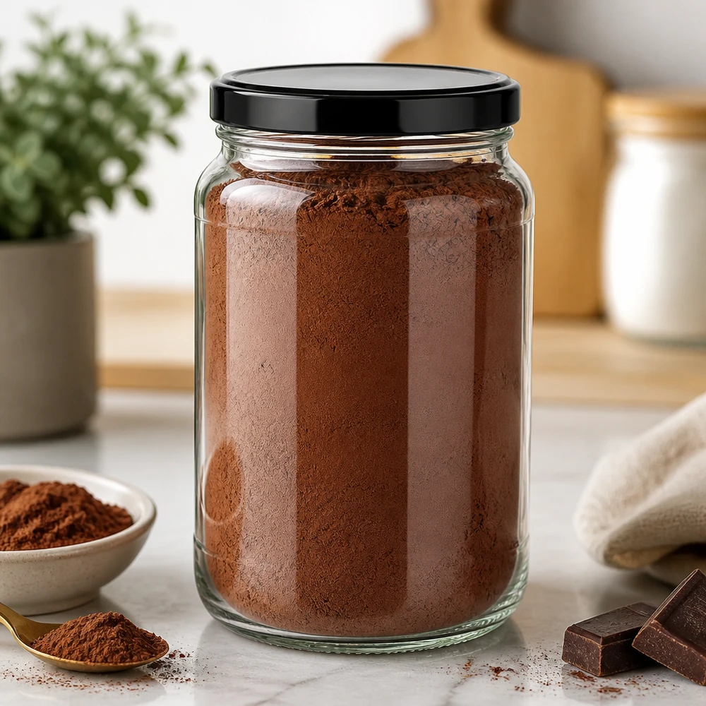 1700ml rond glas met BasicSeal deksel zwart UNiTWIST Cacaopoeder in ronde pot van 1700 ml met zwart deksel Keuken decor opslag Chocolade poeder opslagcontainer