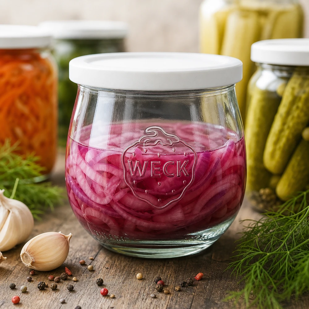 WECK tulpenpot 370ml RR80 met ingemaakte rode kool naast knoflook, peperkorrels en andere inmaakpotten