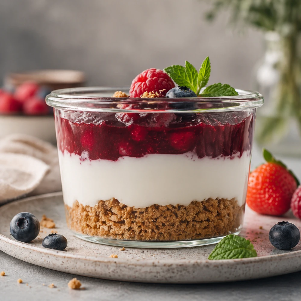 WECK RR40-pot van 35 ml WECK 35ml mason jar met gelaagd dessert van biscuitbodem, witte room en bessencompote gegarneerd met munt