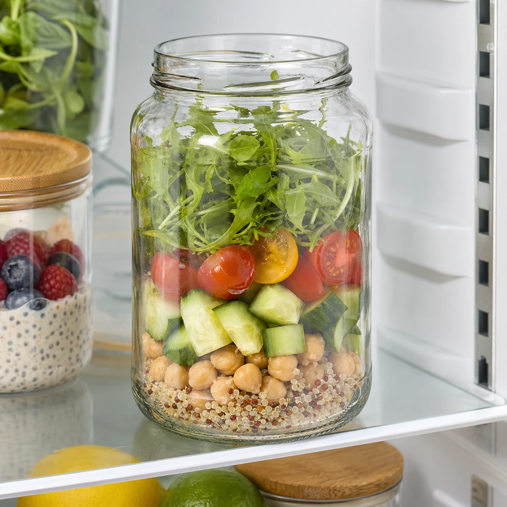 1700ml rond glas zonder deksel (TO100) UNiTWIST UNiTWIST Runda1700 bekers 1700ml TO100 met gelaagde salade quinoa kikkererwten komkommer tomaten rucola in de koelkast