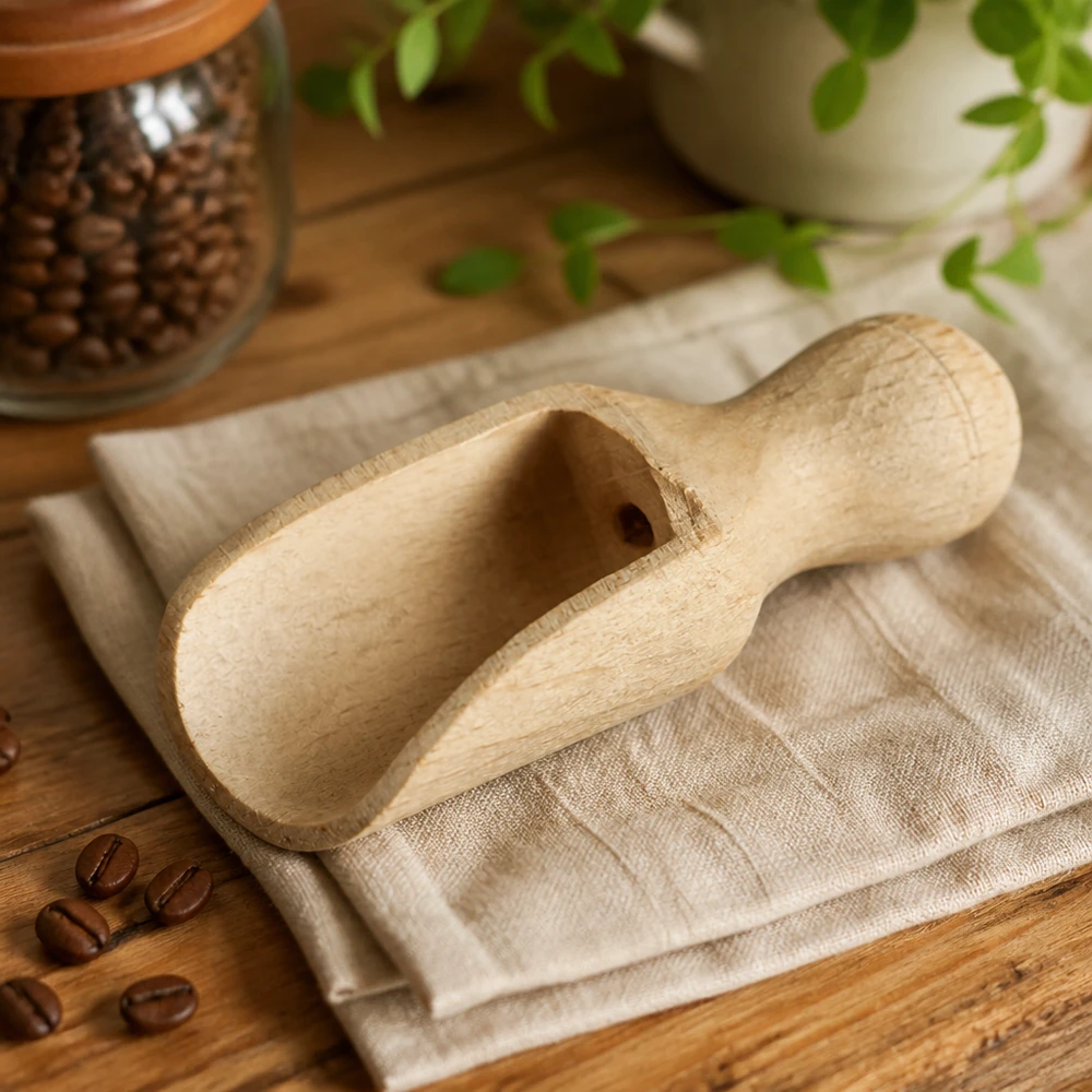 Houten schep maat XS halfronde vorm - 52mm lang Houten schep XS 5,2cm op linnen doek met koffiebonen en glazen pot in een natuurlijke keukensfeer