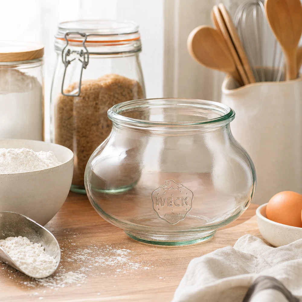 WECK decoratieve pot 560ml RR80 lege pot in keuken scène met bak ingrediënten bloem eieren en houten keukengerei