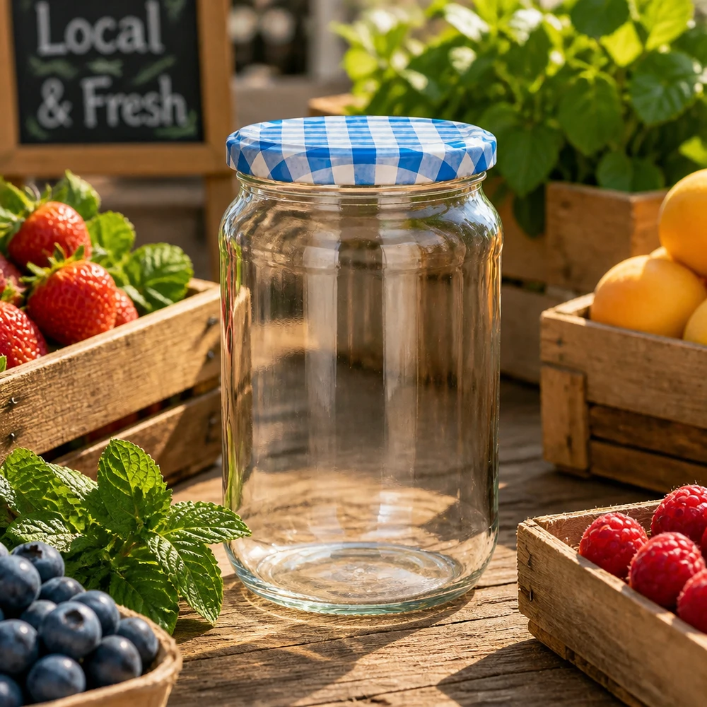 1062ml rond glas met BasicSeal deksel blauw/wit UNiTWIST 1062ml BasicSeal ronde pot met blauw en wit deksel op houten tafel met vers fruit, ideaal voor jam en conserven