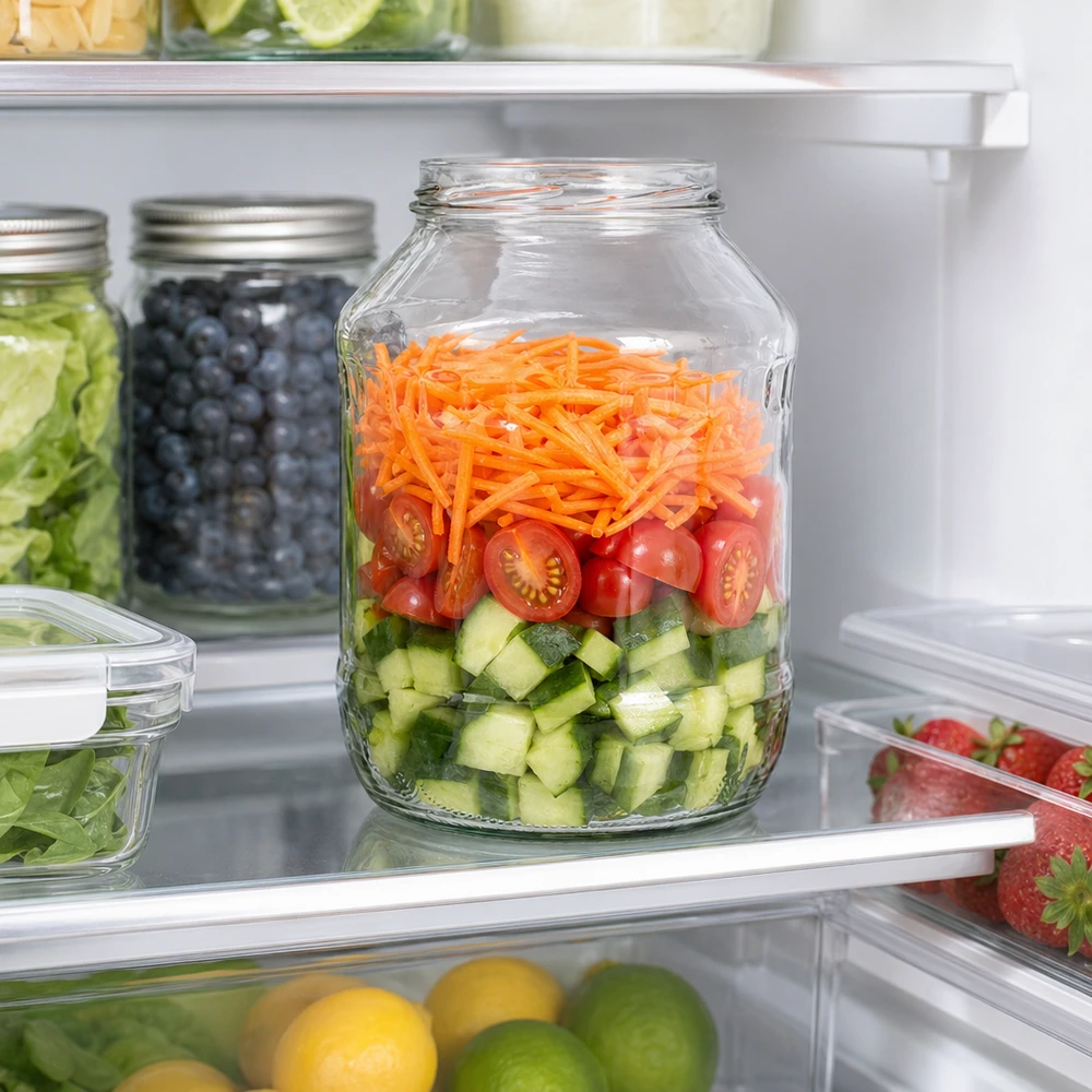 2650ml rond glas zonder deksel (TO100) UNiTWIST UNiTWIST Runda2650 tumblers 2650ml in de koelkast met gelaagde salade van komkommer tomaten wortelen Meal Prep