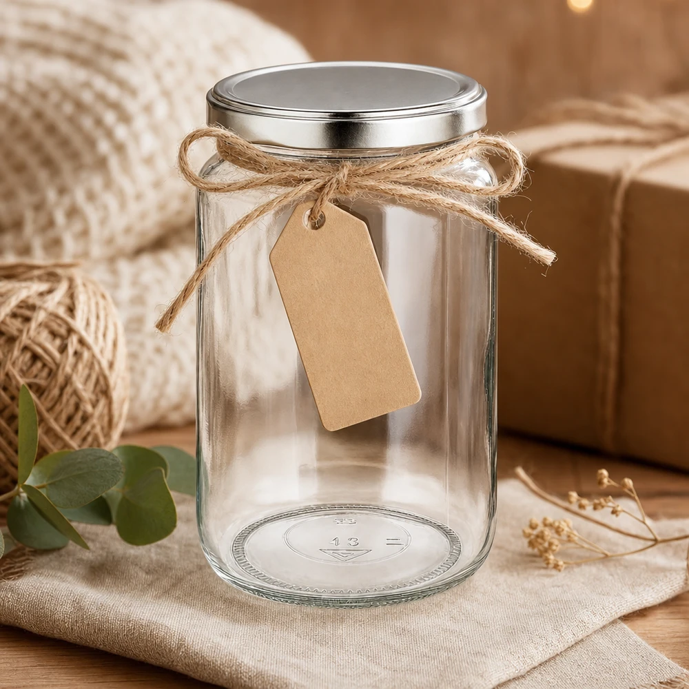 795ml rond glas met BasicSeal deksel zilver UNiTWIST 795ml ronde pot met BasicSeal deksel decoratief met jute koord en cadeaulabel als geschenkverpakking