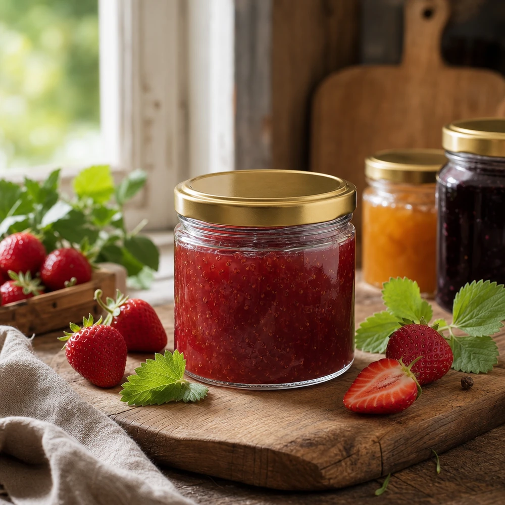 540ml rond glas met BasicSeal deksel goud UNiTWIST 540 ml ronde pot met BasicSeal deksel goud gevuld met aardbeienjam op een houten plank met verse aardbeien