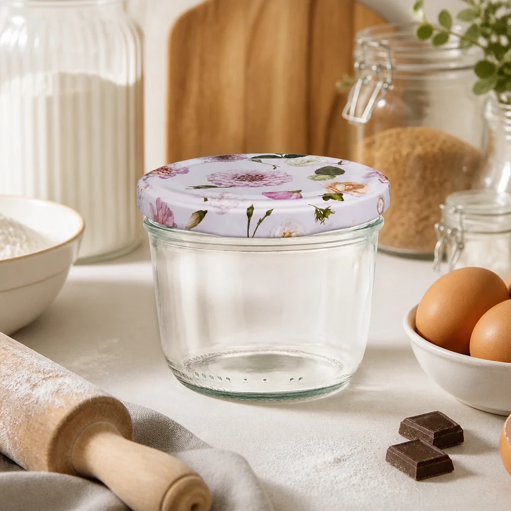 Glazen van 230 ml + BasicSeal-deksel roze... Lege 230ml bekers met BasicSeal deksel roze bloemenpatroon in keukenscène met bakingrediënten en keukengerei