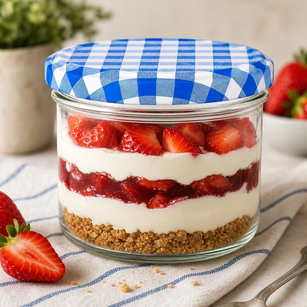 230ml cilindrische pot met BasicSeal deksel blauw UNiTWIST Aardbeienlaagjestaart in 230 ml cilinderpot met BasicSeal deksel blauw en wit, dessertpot met biscuit en slagroom