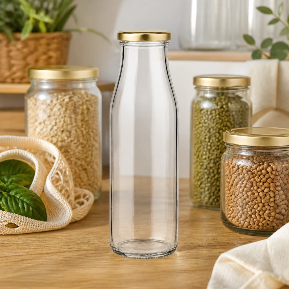 500ml fles met BasicSeal deksel goud UNiTWIST 500ml Glasflasche BasicSeal gold in moderner Küche zwischen Vorratsgläsern mit Hülsenfrüchten Zero Waste Lifestyle