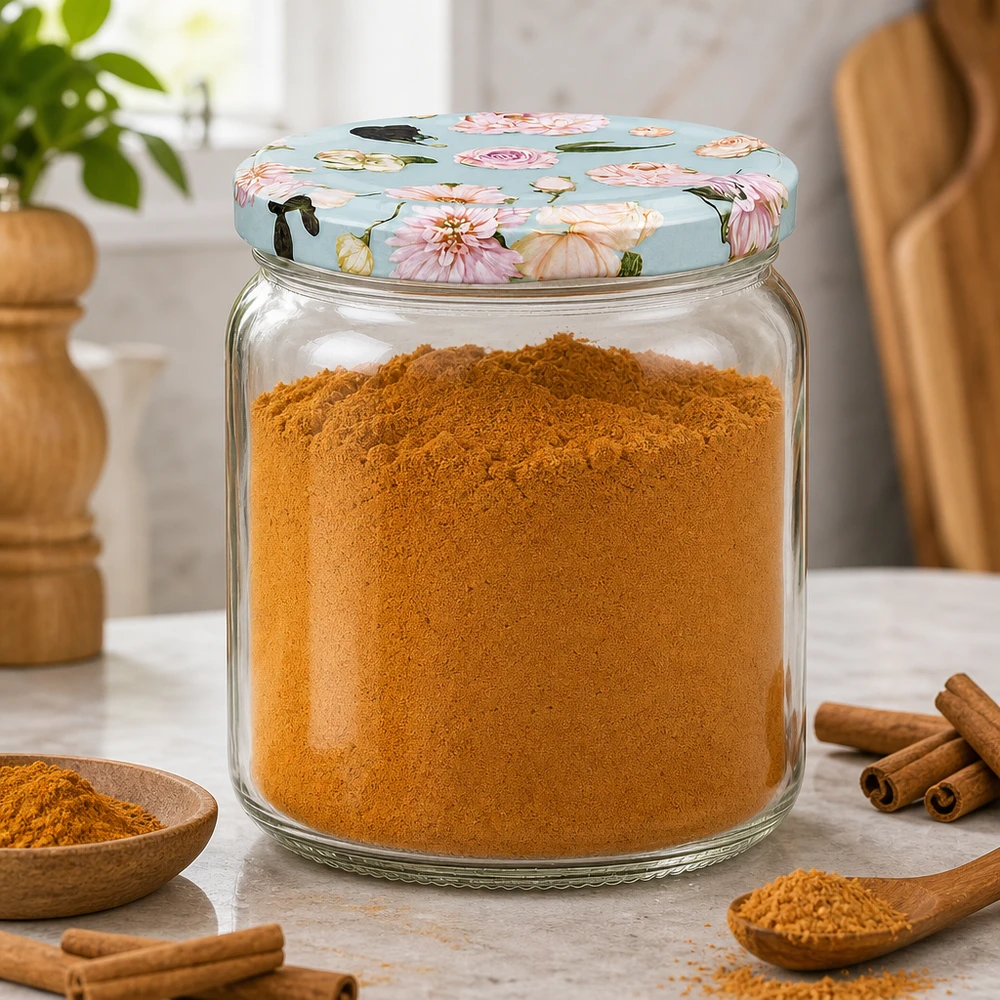 Ronde pot van 425 ml + BasicSeal-deksel met muntbloem UNiTWIST 425ml ronde pot met bloem mint deksel gevuld met kaneel - Kruidenpotje met kaneelstokjes op aanrecht