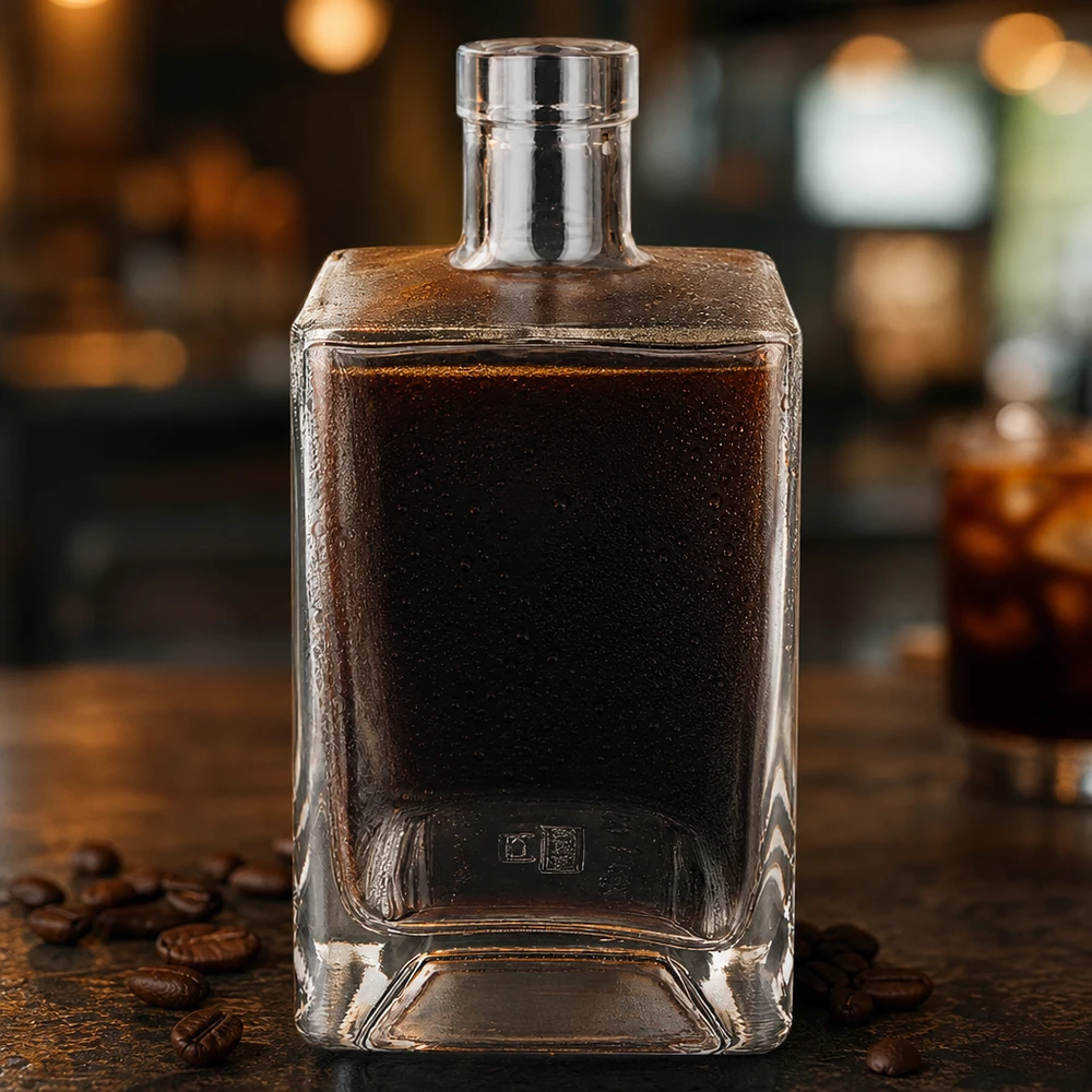 700 ml glazen Ben fles gevuld met donkere koffielikeur op een rustieke houten tafel met koffiebonen bar sfeer