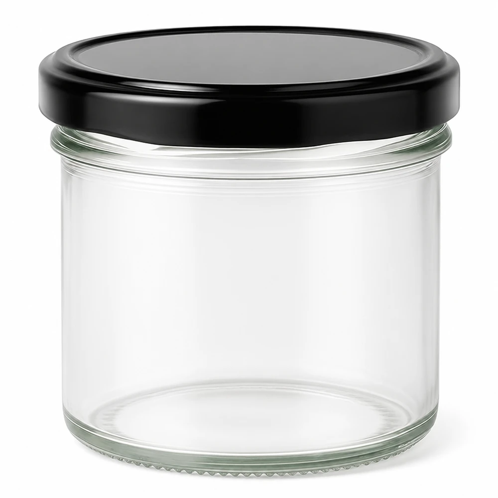 125ml bekers met BasicSeal deksel zwart UNiTWIST 125ml beker met zwart BasicSeal deksel lege transparante inmaakpot jampot