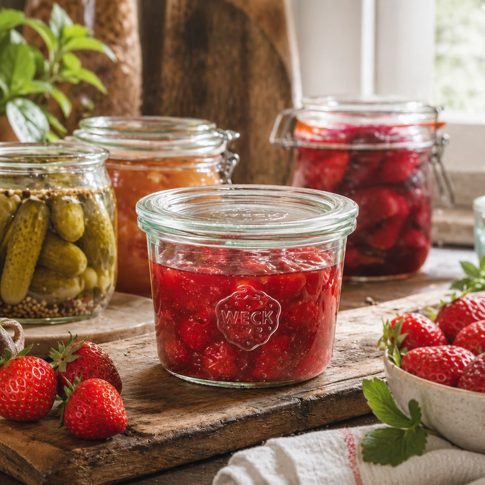 WECK RR60-pot van 80 ml met glazen deksel WECK 80ml RR60 pot gevuld met aardbeienjam op een rustieke houten plank met verse aardbeien en inmaakpotten