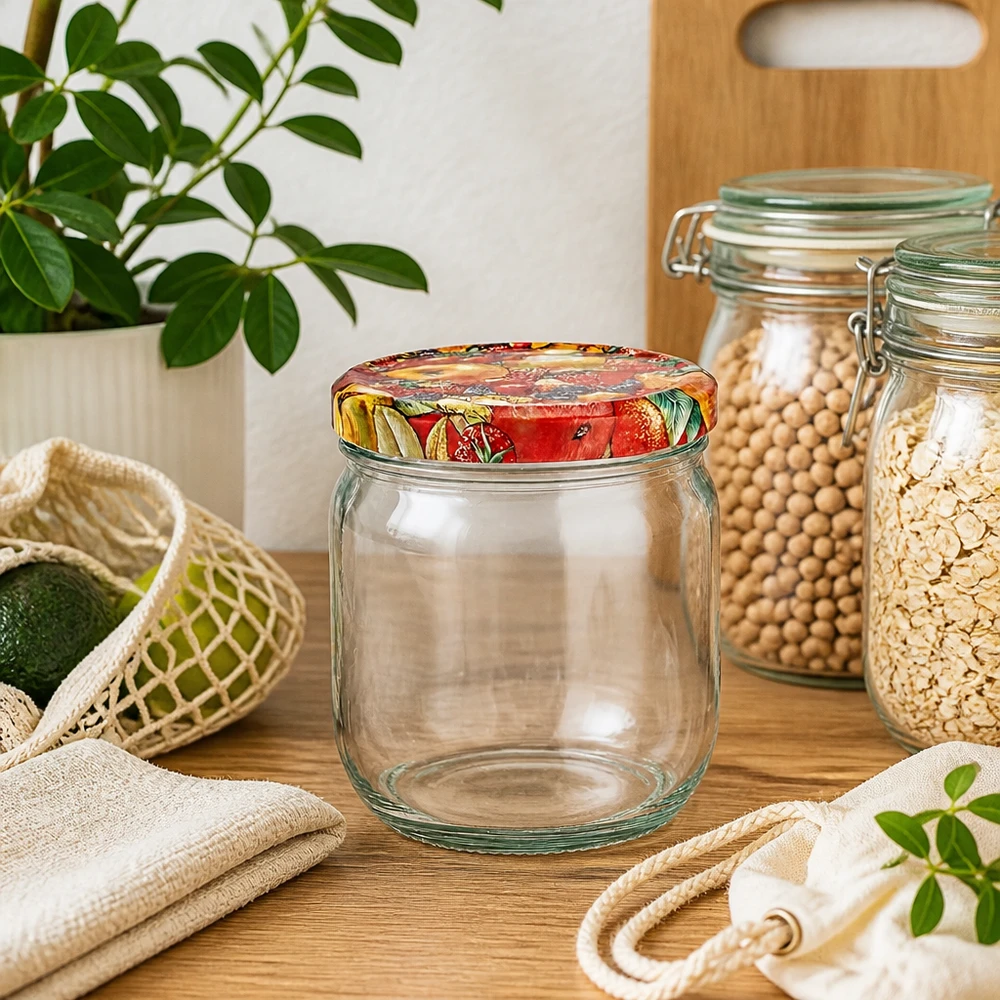 425ml rond glas met BasicSeal deksel Fruit decor UNiTWIST 425ml ronde pot leeg met fruitdecor deksel in duurzame keuken met peulvruchten havervlokken en biologische katoenen zakjes
