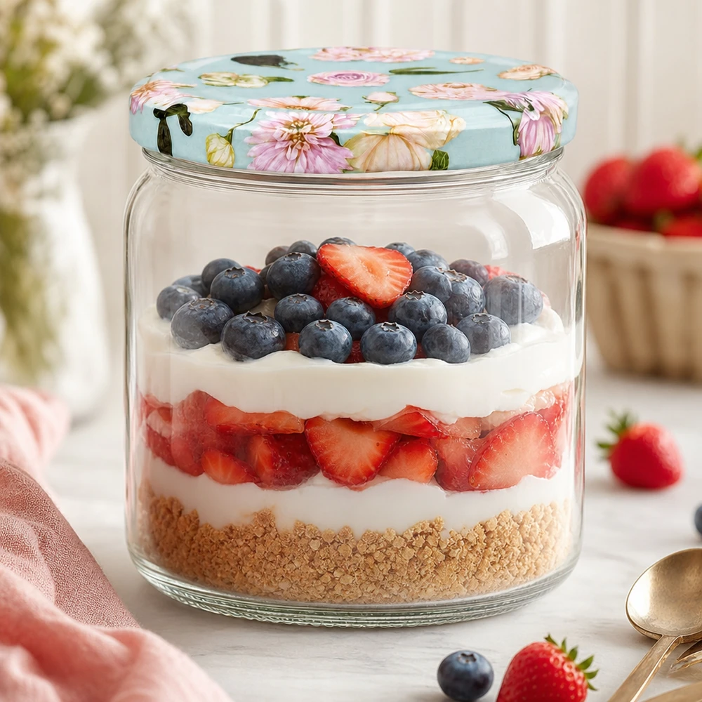 425 ml ronde pot met BasicSeal deksel bloemenmunt als dessertpot - gelaagd dessert met bessen en room in een inmaakpot