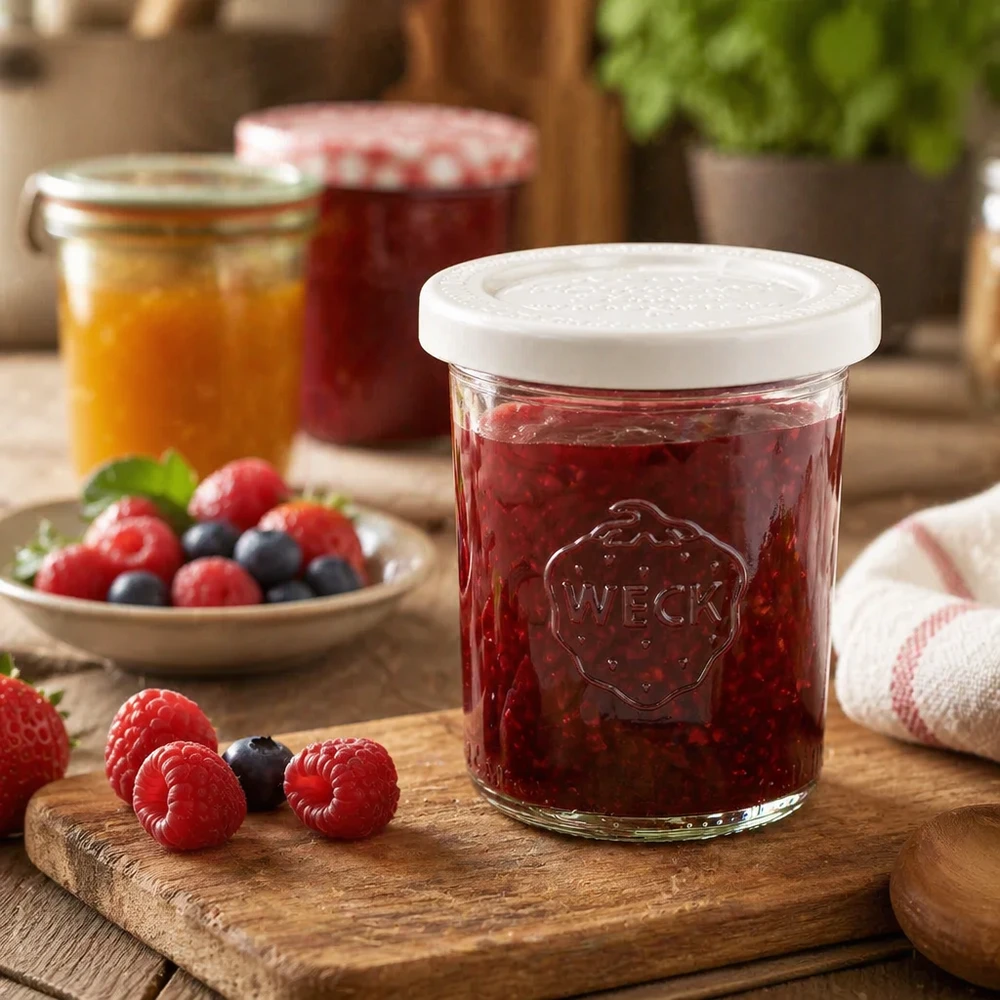 WECK RR60-metselpot van 160 ml gevuld met jam van rode bessen op een houten plank naast verse frambozen en bosbessen