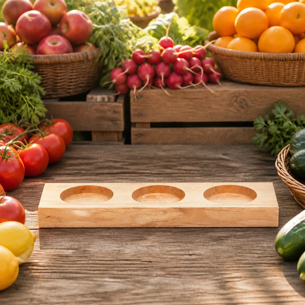 Plano3 houten serveerplank tussen vers fruit en groenten op een rustieke houten tafel in boerenmarktstijl