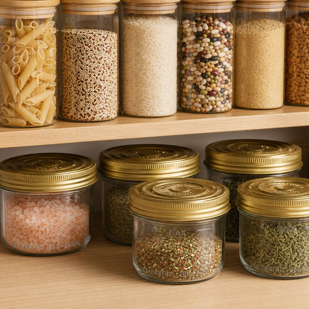 Le Parfait® Familia Wiss 200 g Ø82 mm pot 245 ml Familia Wiss bekers met gouden deksel voor specerijen en kruiden in een georganiseerde voorraadkeuken